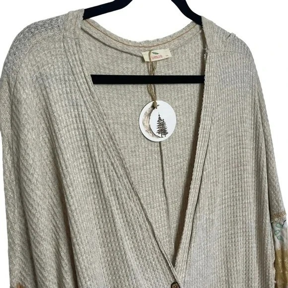 Hummingbird Tie Front Waffle Knit Top Size 3X Boho Mixed Print Sleeve Bohochic - Picture 11 of 12